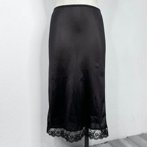 Vintage Semi Sheer Slip Skirt Lace Trim Size Small Black Midi Y2K Grunge Goth - Picture 5 of 7